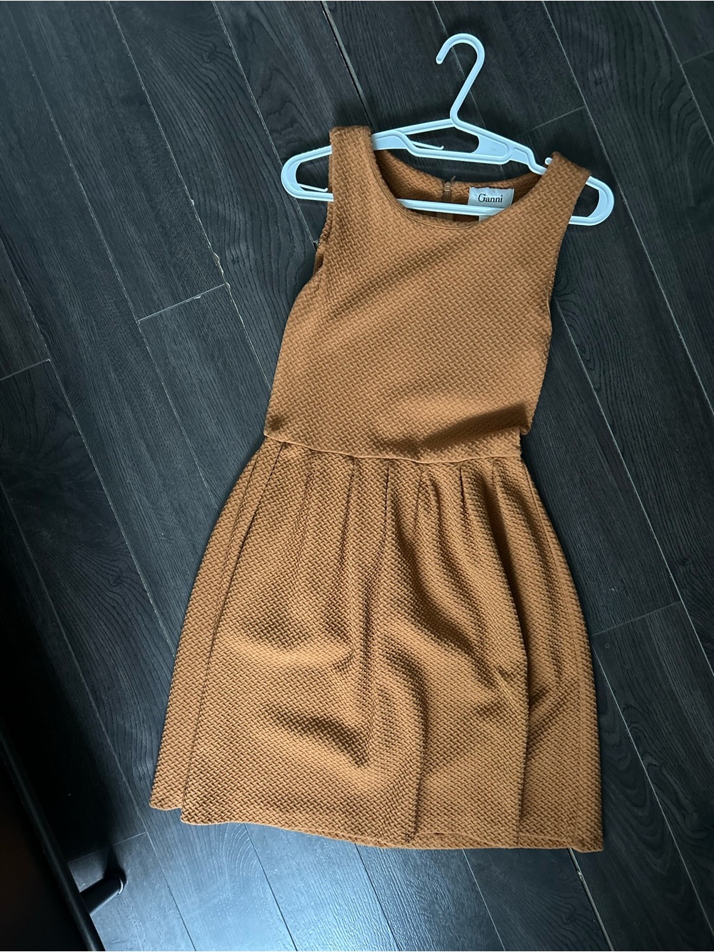 Ganni Sleeveless Textured Fit-and-Flare Dress in Rust Brown